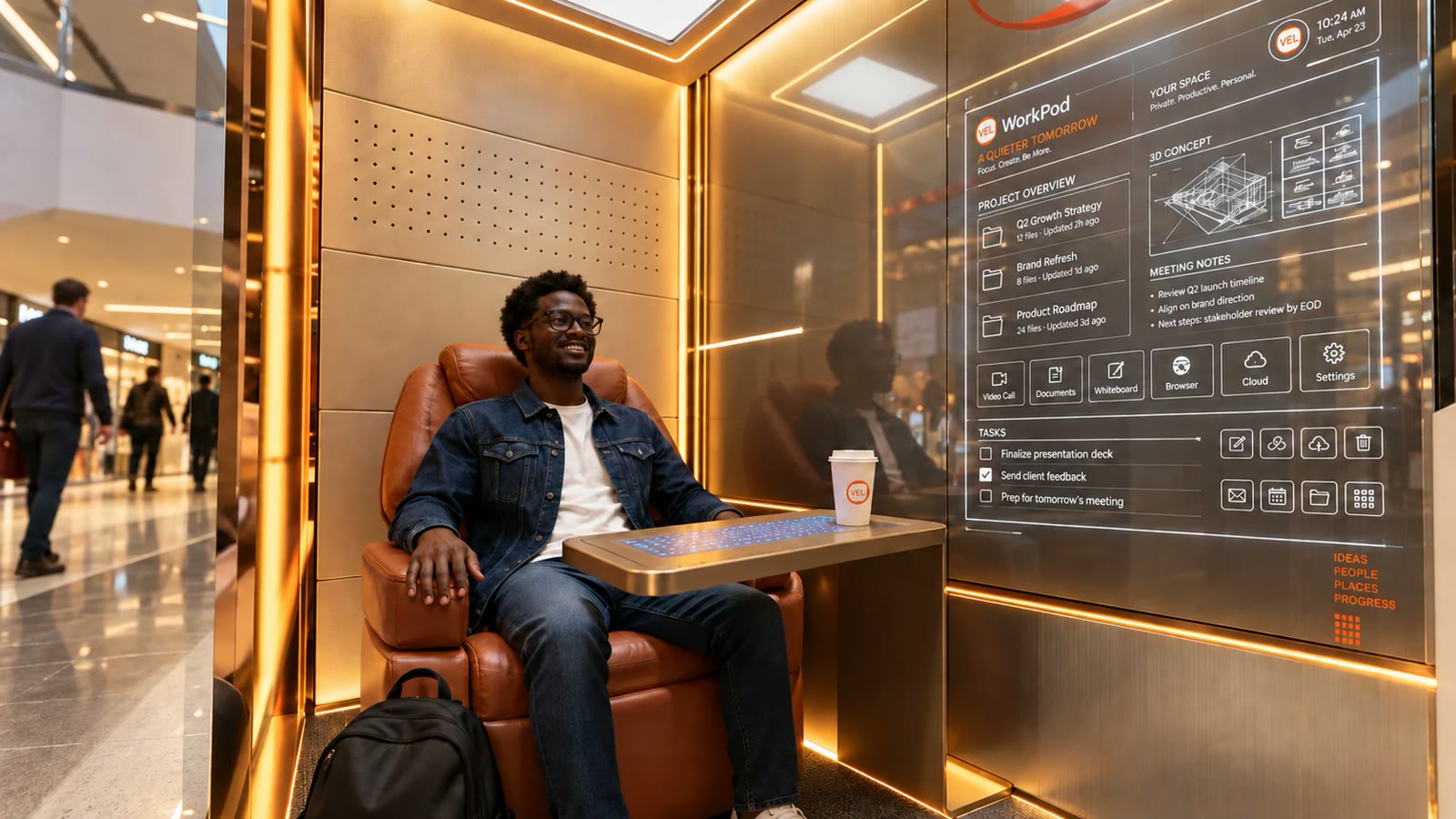 A man in a denim jacket smiles in a leather chair inside a glowing gold VEL WorkPod in a shopping mall, with a transparent touchscreen showing project files, notes and tasks
