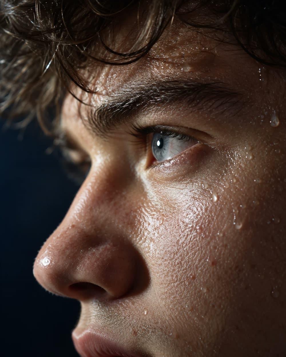 Extreme close-up profile of a young man with curly hair and water droplets on his skin