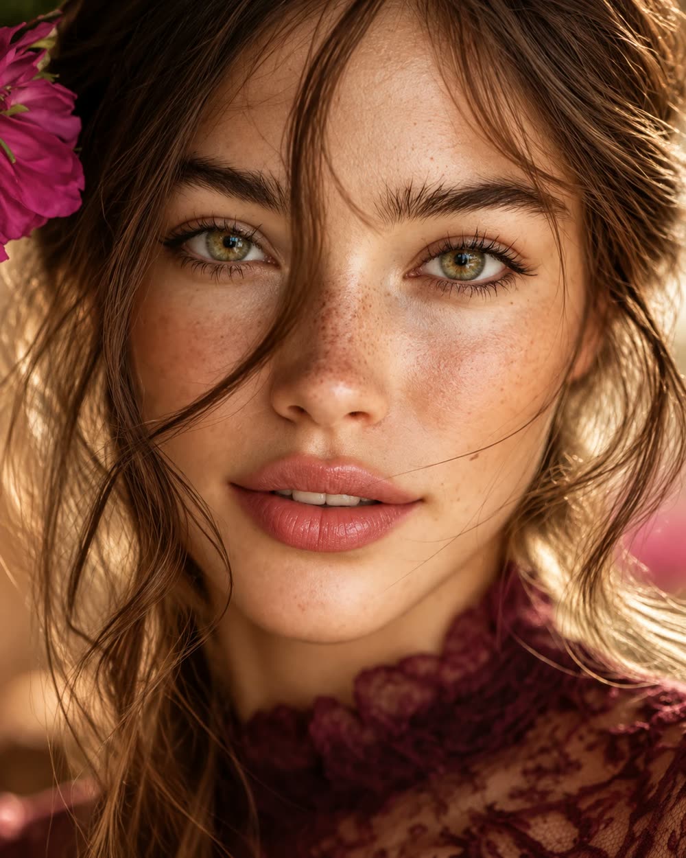 Close-up portrait of a freckled woman with green eyes and a magenta flower in her hair