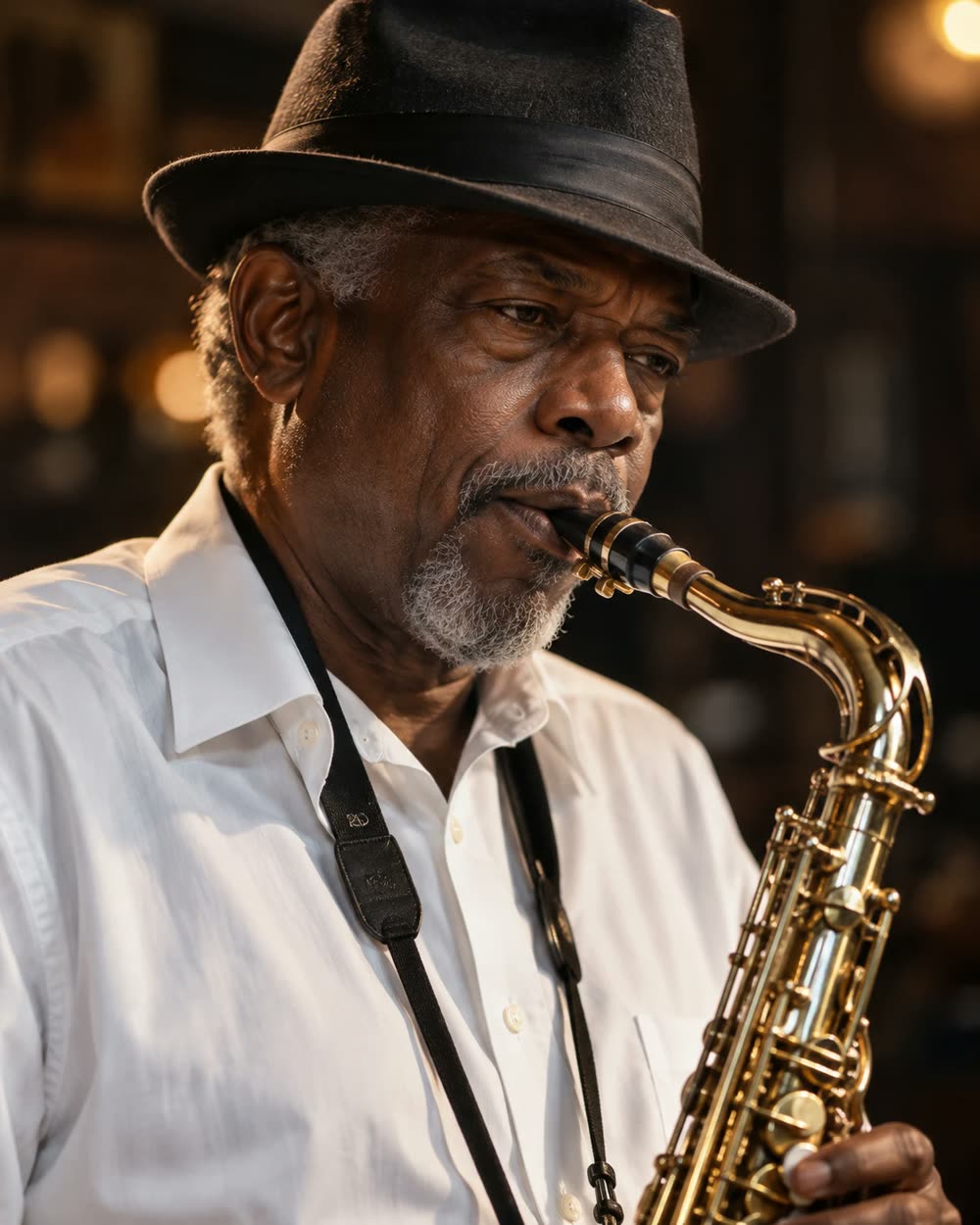 Older man in a black fedora and white shirt playing a tenor saxophone